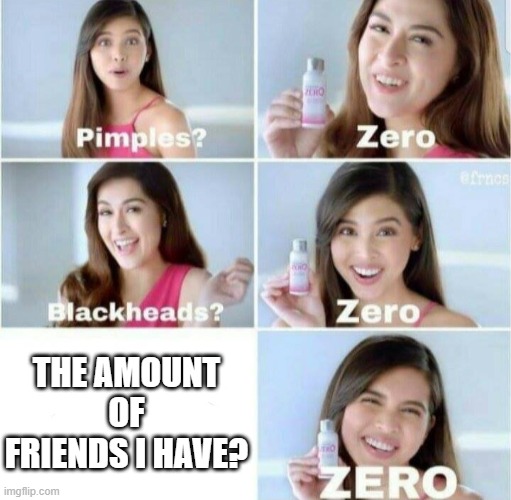 Comment if you also have no friends | THE AMOUNT OF FRIENDS I HAVE? | image tagged in pimples zero | made w/ Imgflip meme maker