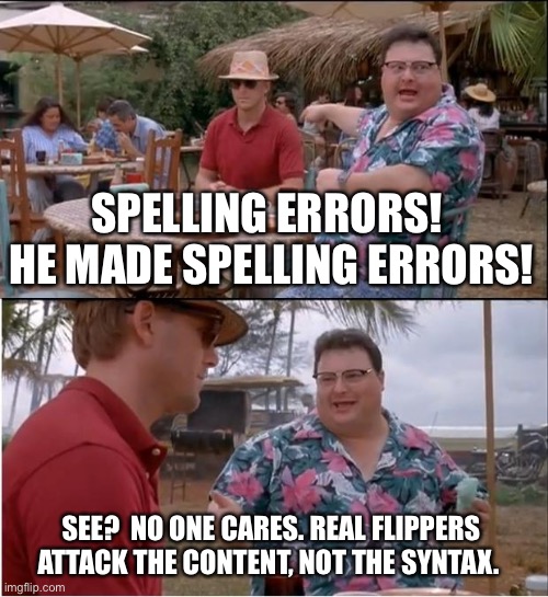 See Nobody Cares Meme | SPELLING ERRORS!  HE MADE SPELLING ERRORS! SEE?  NO ONE CARES. REAL FLIPPERS ATTACK THE CONTENT, NOT THE SYNTAX. | image tagged in memes,see nobody cares | made w/ Imgflip meme maker