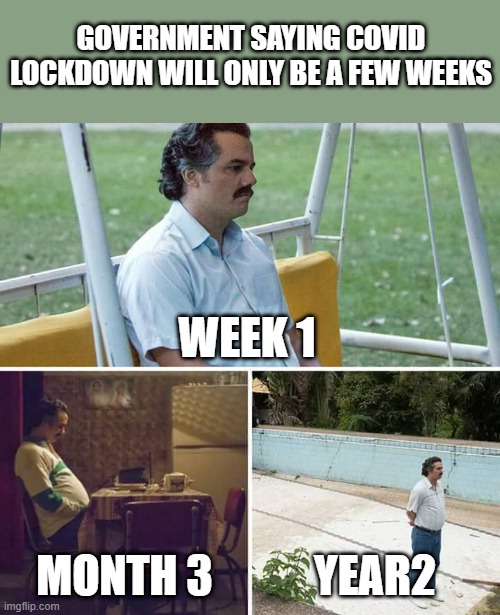 Lockdown | GOVERNMENT SAYING COVID LOCKDOWN WILL ONLY BE A FEW WEEKS; WEEK 1; MONTH 3; YEAR2 | image tagged in memes,sad pablo escobar,lockdown | made w/ Imgflip meme maker