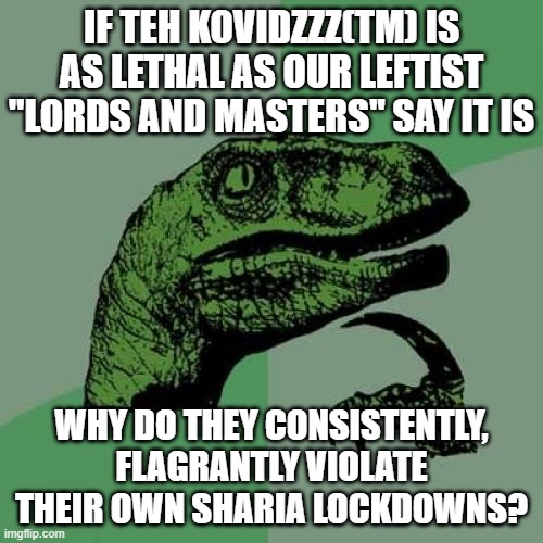 WRONGTHINK!!! | IF TEH KOVIDZZZ(TM) IS AS LETHAL AS OUR LEFTIST "LORDS AND MASTERS" SAY IT IS; WHY DO THEY CONSISTENTLY, FLAGRANTLY VIOLATE THEIR OWN SHARIA LOCKDOWNS? | image tagged in memes,philosoraptor,good question,wrongthink | made w/ Imgflip meme maker