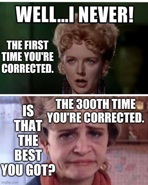 Corrected too many times | THE FIRST TIME YOU'RE CORRECTED. IS THAT THE BEST YOU GOT? THE 300TH TIME YOU'RE CORRECTED. | image tagged in memes | made w/ Imgflip meme maker