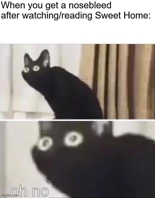 That's scary. | When you get a nosebleed after watching/reading Sweet Home:; oh no | image tagged in oh no black cat | made w/ Imgflip meme maker