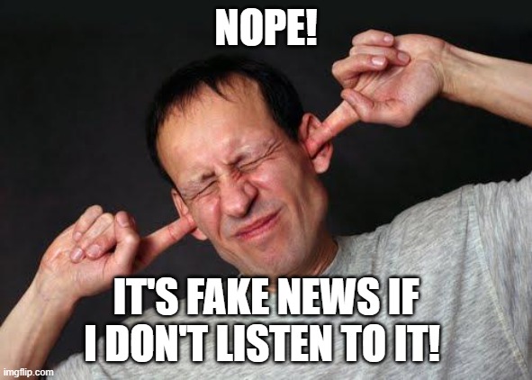 Fingers In Ears | NOPE! IT'S FAKE NEWS IF I DON'T LISTEN TO IT! | image tagged in fingers in ears | made w/ Imgflip meme maker