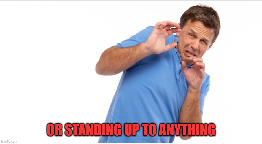 cowering man | OR STANDING UP TO ANYTHING | image tagged in cowering man | made w/ Imgflip meme maker