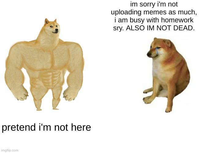 sorry- | im sorry i'm not uploading memes as much, i am busy with homework sry. ALSO IM NOT DEAD. pretend i'm not here | image tagged in memes,buff doge vs cheems,sorry | made w/ Imgflip meme maker