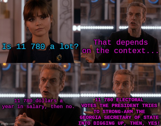 Eleven Thousand Seven Hundred  and Eighty | Is 11 780 a lot? That depends on the context... 11 780 ELECTORAL VOTES THE PRESIDENT TRIES TO STRONG-ARM THE GEORGIA SECRETARY OF STATE INTO DIGGING UP, THEN, YES! 11 780 dollars a year in salary, then no. | image tagged in depends on the context,impeached president trump,trump,dirty donnie,trump election theft,trump treason | made w/ Imgflip meme maker