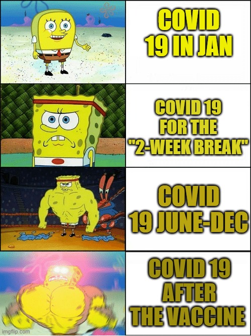 c0vid 19 | COVID 19 IN JAN; COVID 19 FOR THE "2-WEEK BREAK"; COVID 19 JUNE-DEC; COVID 19 AFTER THE VACCINE | image tagged in sponge finna commit muder | made w/ Imgflip meme maker