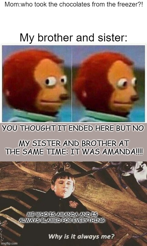 Monkey Puppet | Mom:who took the chocolates from the freezer?! My brother and sister:; YOU THOUGHT IT ENDED HERE BUT NO; MY SISTER AND BROTHER AT THE SAME TIME: IT WAS AMANDA!!!! ME WHO IS AMANDA AND IS ALWAYS BLAMED FOR EVERYTHING: | image tagged in memes,monkey puppet | made w/ Imgflip meme maker