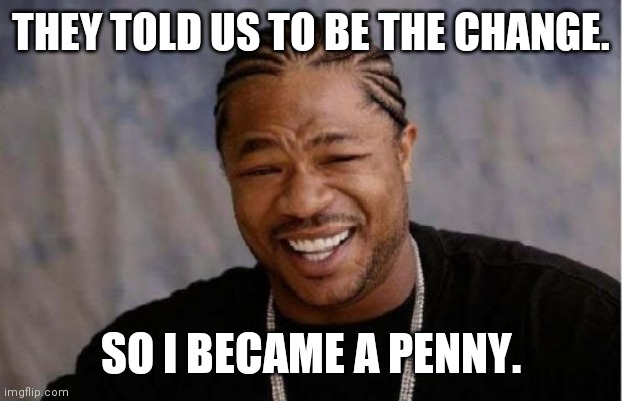 Yo Dawg Heard You Meme | THEY TOLD US TO BE THE CHANGE. SO I BECAME A PENNY. | image tagged in memes,yo dawg heard you | made w/ Imgflip meme maker