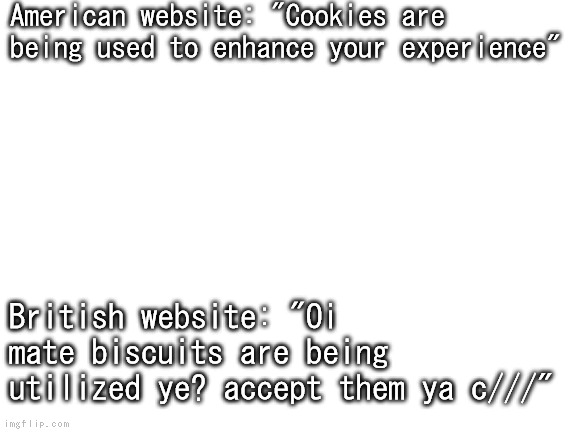 Blank White Template | American website: "Cookies are being used to enhance your experience"; British website: "Oi mate biscuits are being utilized ye? accept them ya c///" | image tagged in blank white template | made w/ Imgflip meme maker