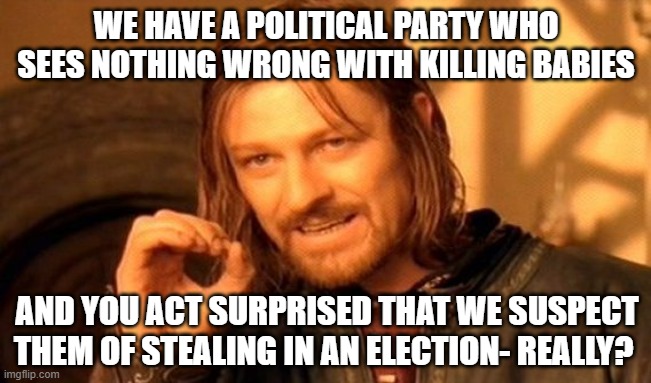 One Does Not Simply | WE HAVE A POLITICAL PARTY WHO SEES NOTHING WRONG WITH KILLING BABIES; AND YOU ACT SURPRISED THAT WE SUSPECT THEM OF STEALING IN AN ELECTION- REALLY? | image tagged in memes,one does not simply | made w/ Imgflip meme maker