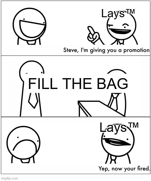  Lays™; FILL THE BAG; Lays™ | image tagged in yep now you're fired,asdfmovie,lays chips | made w/ Imgflip meme maker
