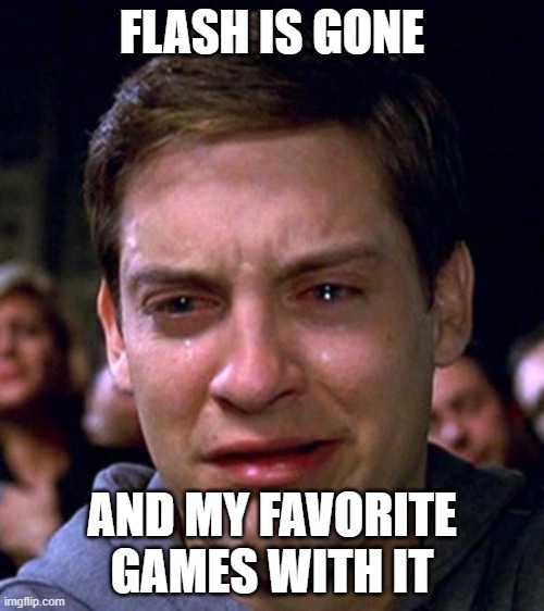 Flash is gone.   :( | FLASH IS GONE; AND MY FAVORITE GAMES WITH IT | image tagged in crying peter parker,flash,sad | made w/ Imgflip meme maker