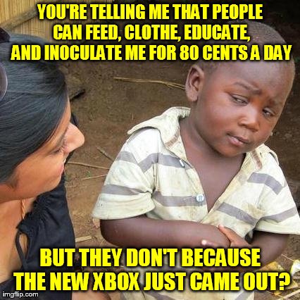 Guilty Gamers | image tagged in memes,third world skeptical kid,xbox,feed the children | made w/ Imgflip meme maker