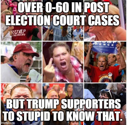 It takes a idiot to be a Trump cult follower | OVER 0-60 IN POST ELECTION COURT CASES; BUT TRUMP SUPPORTERS TO STUPID TO KNOW THAT. | image tagged in triggered trump supporters,republicans,donald trump,election 2020,trump supporters | made w/ Imgflip meme maker