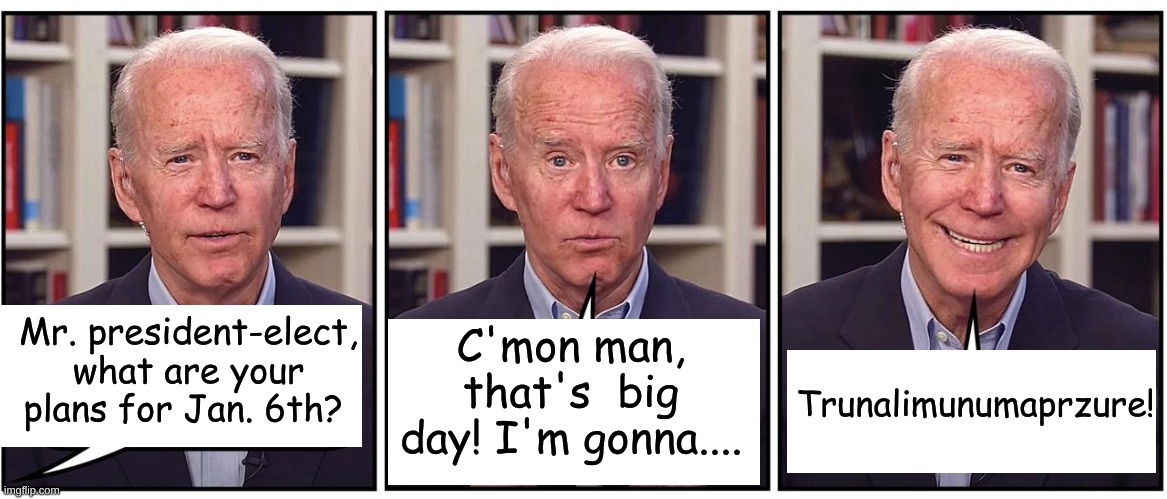 It all comes down to Trunalimunumaprzure! Joe Biden is the only one who can Trunalimunumaprzure! | C'mon man, that's  big day! I'm gonna.... Trunalimunumaprzure! Mr. president-elect, what are your plans for Jan. 6th? | image tagged in biden whoops | made w/ Imgflip meme maker