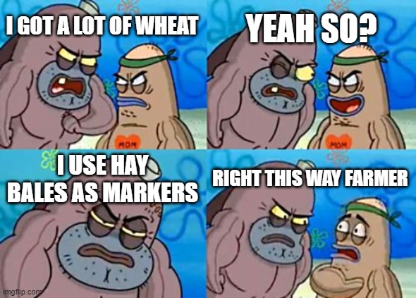 How Tough Are You Meme | YEAH SO? I GOT A LOT OF WHEAT; I USE HAY BALES AS MARKERS; RIGHT THIS WAY FARMER | image tagged in memes,how tough are you | made w/ Imgflip meme maker