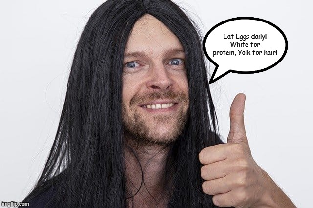 Eat Eggs Daily | Eat Eggs daily! White for protein, Yolk for hair! | image tagged in eggs,long hair | made w/ Imgflip meme maker