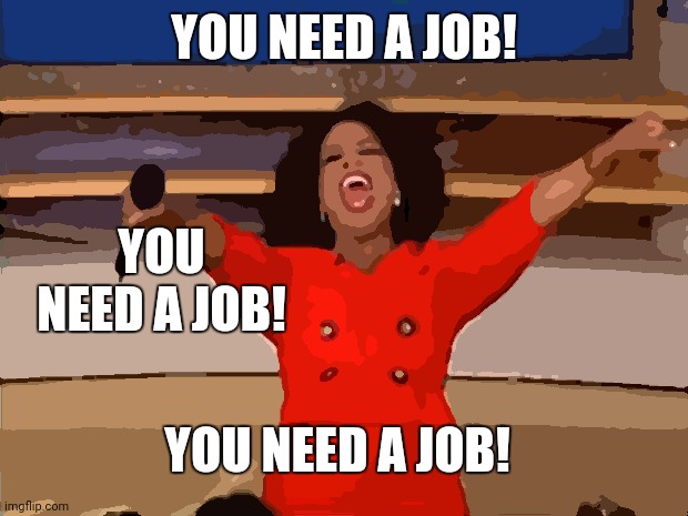 Oprah You Get A Meme | YOU NEED A JOB! YOU NEED A JOB! YOU NEED A JOB! | image tagged in memes,oprah you get a | made w/ Imgflip meme maker