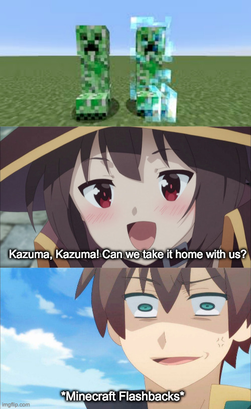 Minecraft Megu-Meme | Kazuma, Kazuma! Can we take it home with us? *Minecraft Flashbacks* | image tagged in minecraft,konosuba | made w/ Imgflip meme maker