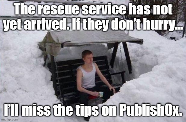 winter |  The rescue service has not yet arrived. If they don’t hurry... I’ll miss the tips on Publish0x. | image tagged in winter | made w/ Imgflip meme maker