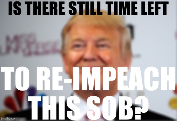 Hurry Congress, we’re running out of time to make Trump the first twice-impeached President in history, re: Election 2020 hoaxes | IS THERE STILL TIME LEFT; TO RE-IMPEACH THIS SOB? | image tagged in donald trump approves,impeach trump,impeachment,trump impeachment,impeach,election 2020 | made w/ Imgflip meme maker