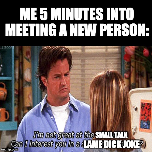 Lame Dick Joke | ME 5 MINUTES INTO MEETING A NEW PERSON:; SMALL TALK; LAME DICK JOKE | image tagged in lame,dick | made w/ Imgflip meme maker