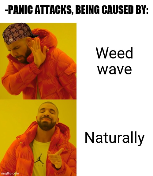 -Much better. | -PANIC ATTACKS, BEING CAUSED BY:; Weed wave; Naturally | image tagged in memes,drake hotline bling,smoke weed everyday,panic at the disco,caps,natural selection | made w/ Imgflip meme maker