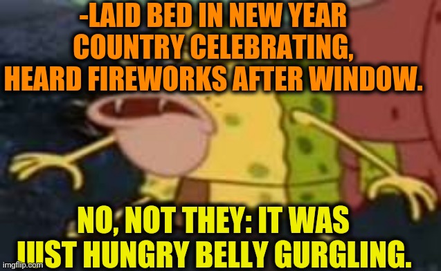 -Fire show. | -LAID BED IN NEW YEAR COUNTRY CELEBRATING, HEARD FIREWORKS AFTER WINDOW. NO, NOT THEY: IT WAS JUST HUNGRY BELLY GURGLING. | image tagged in memes,spongegar,happy new year,colorful fireworks,hungry kim jong un,big belly | made w/ Imgflip meme maker
