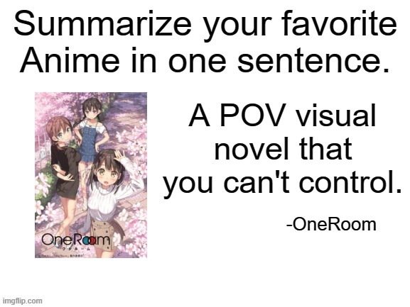 May be disorienting, watch at your own risks. | A POV visual novel that you can't control. -OneRoom | image tagged in summarize your favorite anime,oneroom,animeme,e,bruh,anime | made w/ Imgflip meme maker