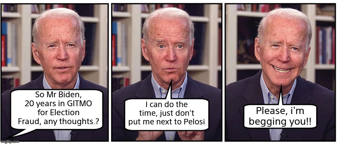 Biden Bang Up | So Mr Biden, 20 years in GITMO for Election Fraud, any thoughts ? I can do the time, just don't put me next to Pelosi; Please, i'm begging you!! | image tagged in biden whoops,gitmo,memes,fun,corruption,democrats | made w/ Imgflip meme maker