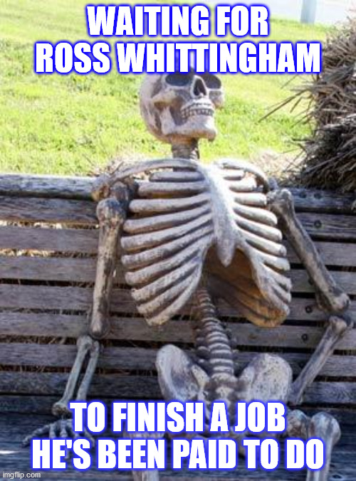 Waiting | WAITING FOR ROSS WHITTINGHAM; TO FINISH A JOB HE'S BEEN PAID TO DO | image tagged in memes,waiting skeleton | made w/ Imgflip meme maker