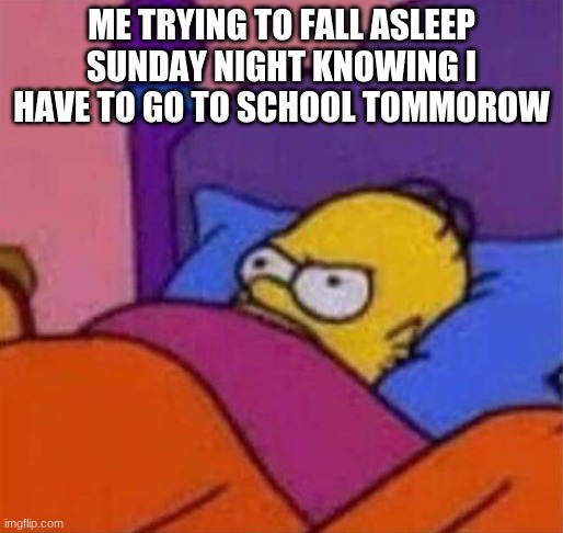 angry homer simpson in bed | ME TRYING TO FALL ASLEEP SUNDAY NIGHT KNOWING I HAVE TO GO TO SCHOOL TOMORROW | image tagged in angry homer simpson in bed | made w/ Imgflip meme maker