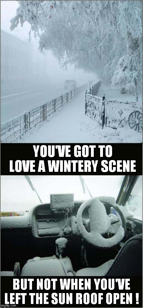 A Lovely Snowy Image ? | YOU'VE GOT TO LOVE A WINTERY SCENE; BUT NOT WHEN YOU'VE LEFT THE SUN ROOF OPEN ! | image tagged in fun,snow,regret | made w/ Imgflip meme maker