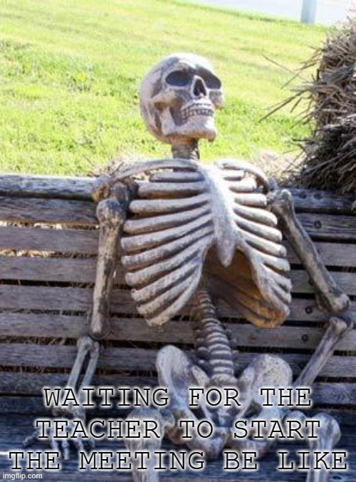 Seriously though | WAITING FOR THE TEACHER TO START THE MEETING BE LIKE | image tagged in memes,waiting skeleton,so true,seriously | made w/ Imgflip meme maker