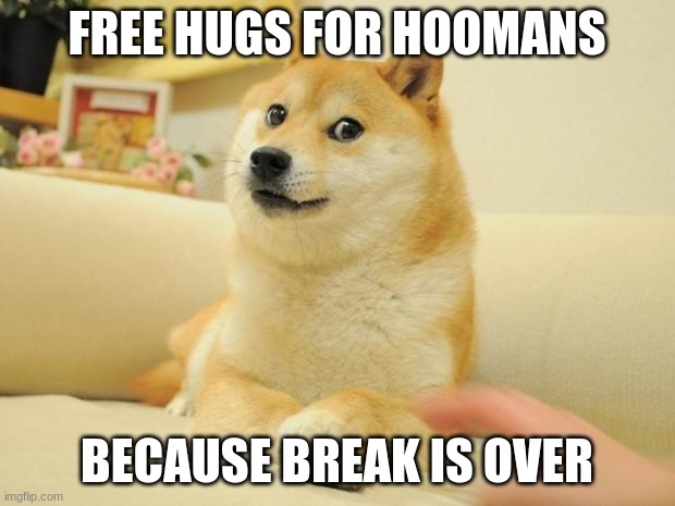 doge hug | FREE HUGS FOR HOOMANS; BECAUSE BREAK IS OVER | image tagged in memes,doge 2 | made w/ Imgflip meme maker