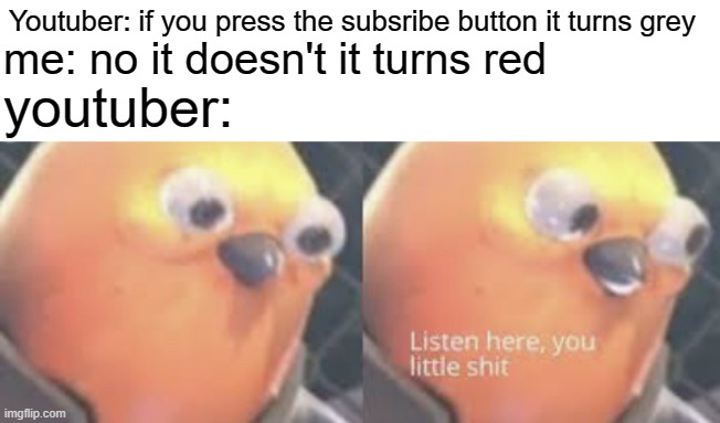 Listen here you little shit bird | Youtuber: if you press the subsribe button it turns grey; me: no it doesn't it turns red; youtuber: | image tagged in listen here you little shit bird | made w/ Imgflip meme maker