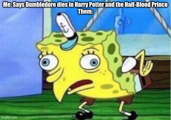 Mocking Spongebob | Me: Says Dumbledore dies in Harry Potter and the Half-Blood Prince



Them: | image tagged in memes,mocking spongebob | made w/ Imgflip meme maker