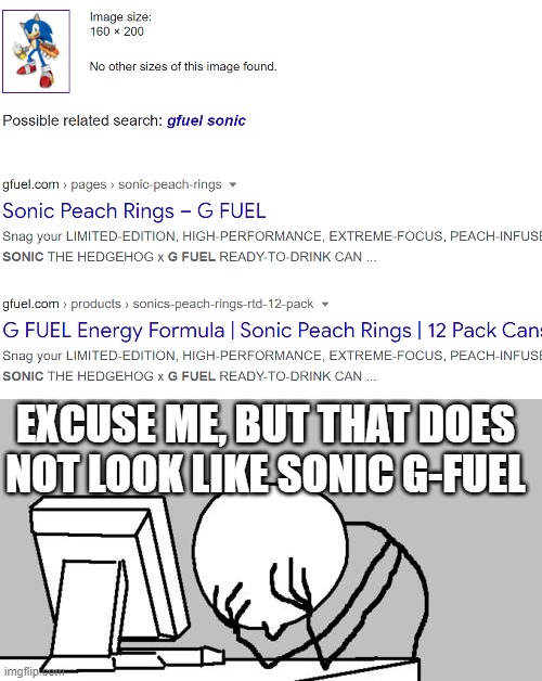 Thanks Google | EXCUSE ME, BUT THAT DOES NOT LOOK LIKE SONIC G-FUEL | image tagged in memes,computer guy facepalm,google,funny,sonic the hedgehog | made w/ Imgflip meme maker