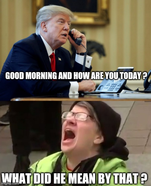 "Every move you make , every breath you take , I'll be watching you" - Sting | GOOD MORNING AND HOW ARE YOU TODAY ? WHAT DID HE MEAN BY THAT ? | image tagged in trump phone,screaming liberal,stalking,all the times,everywhere i go i see his face | made w/ Imgflip meme maker