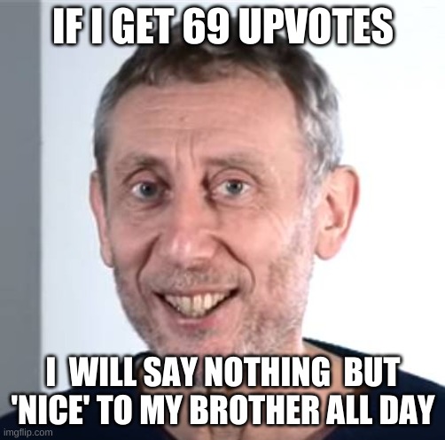 Lol I know I'm a begger but I wanted to do this so please don't spam the chat. | IF I GET 69 UPVOTES; I  WILL SAY NOTHING  BUT 'NICE' TO MY BROTHER ALL DAY | image tagged in nice michael rosen,upvote begging | made w/ Imgflip meme maker