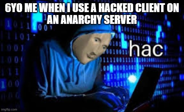 hacc | 6YO ME WHEN I USE A HACKED CLIENT ON
AN ANARCHY SERVER | image tagged in hacc | made w/ Imgflip meme maker