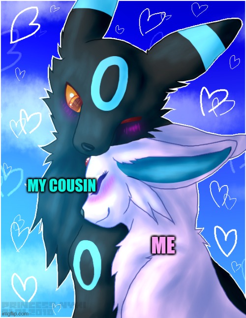 My Chistmas day | MY COUSIN; ME | image tagged in umbreon x espeon | made w/ Imgflip meme maker