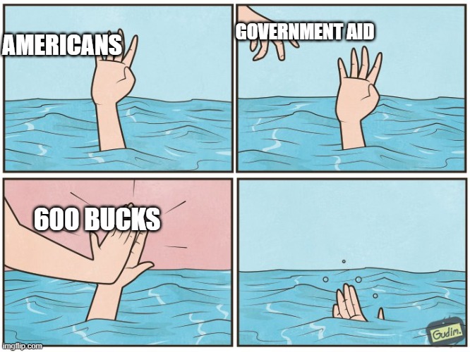 Thanks for nothing.  I'll give mine to someone else so they can hopefully add it to their useless aid and buy something with it. | GOVERNMENT AID; AMERICANS; 600 BUCKS | image tagged in high five drown,funny,politics | made w/ Imgflip meme maker