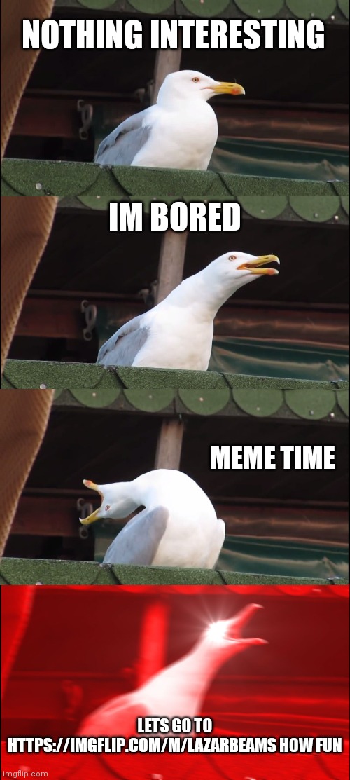 Inhaling segull | NOTHING INTERESTING; IM BORED; MEME TIME; LETS GO TO HTTPS://IMGFLIP.COM/M/LAZARBEAMS HOW FUN | image tagged in memes,inhaling seagull | made w/ Imgflip meme maker