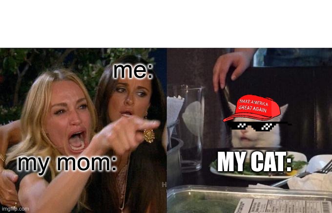 when you have a cat who like to eat | me:; my mom:; MY CAT: | image tagged in memes,woman yelling at cat | made w/ Imgflip meme maker