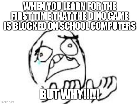 Seriously why is it blocked?!?!?!?! | WHEN YOU LEARN FOR THE FIRST TIME THAT THE DINO GAME IS BLOCKED ON SCHOOL COMPUTERS; BUT WHY!!!!! | image tagged in but why | made w/ Imgflip meme maker