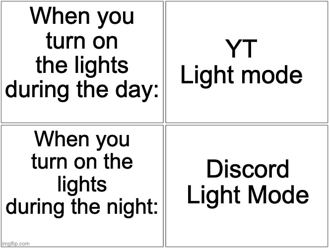 Discord light mode is blinding | When you turn on the lights during the day:; YT Light mode; When you turn on the lights during the night:; Discord Light Mode | image tagged in memes,blank comic panel 2x2 | made w/ Imgflip meme maker