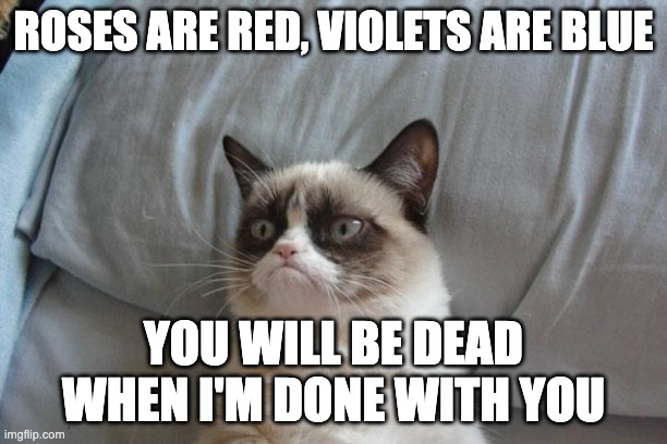 Grumpy Cat Bed Meme | ROSES ARE RED, VIOLETS ARE BLUE; YOU WILL BE DEAD
WHEN I'M DONE WITH YOU | image tagged in memes,grumpy cat bed,grumpy cat | made w/ Imgflip meme maker