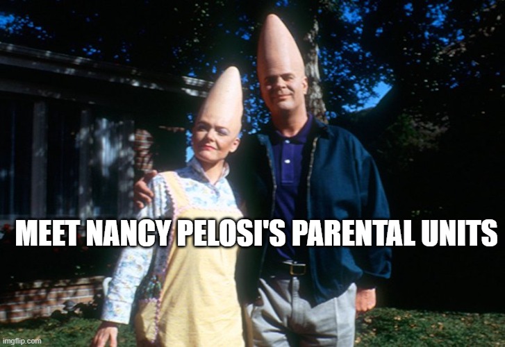 pelosi's parents | MEET NANCY PELOSI'S PARENTAL UNITS | image tagged in pelosi,coneheads,parental units,idiocracy,democrats,stupid | made w/ Imgflip meme maker